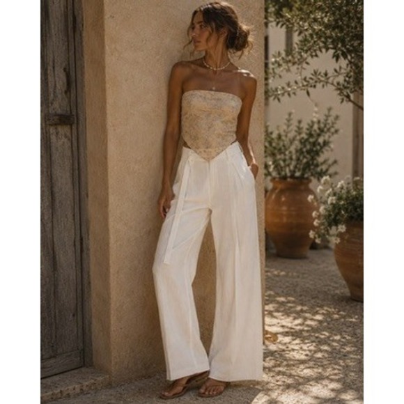 Zara Pants - Zara High Rise Wide Leg Trousers White Relaxed Fit Pants Size L NEW Quiet Lux